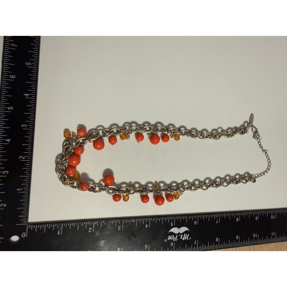 Avenue‎ Silver Tone Chunky Chain Necklace Coral Red Beads Amber Crystal Accents